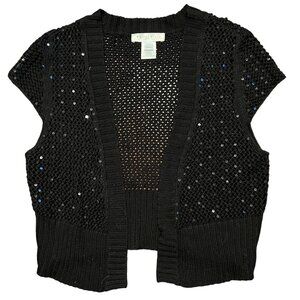 White House Black Market women's black open front silk blend, sequined top, cap